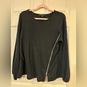 Adrienne Vittadini Black Knit Top Diagonal Zipper Large